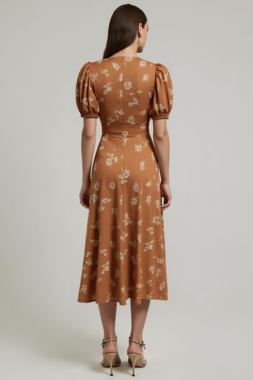 Orange Floral Printed Bateau Neck Long Work Dress With Sleeves